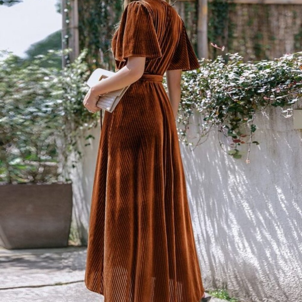 brown Wrap Knot Side High Low Hem Velvet Dress - Picture 2 of 7
